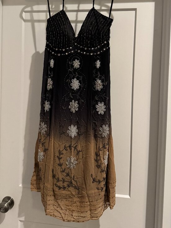 Sue Wong Dresses & Skirts - Sue Wong Halter Dress Y2K Sexy #52 Flowers Flapper Black Brown Sequins Midi SILK